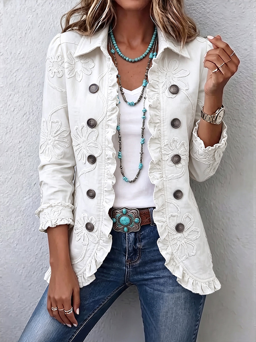 Marisol - Ivory Floral Embroidered Utility Ruffled Trim Jacket
