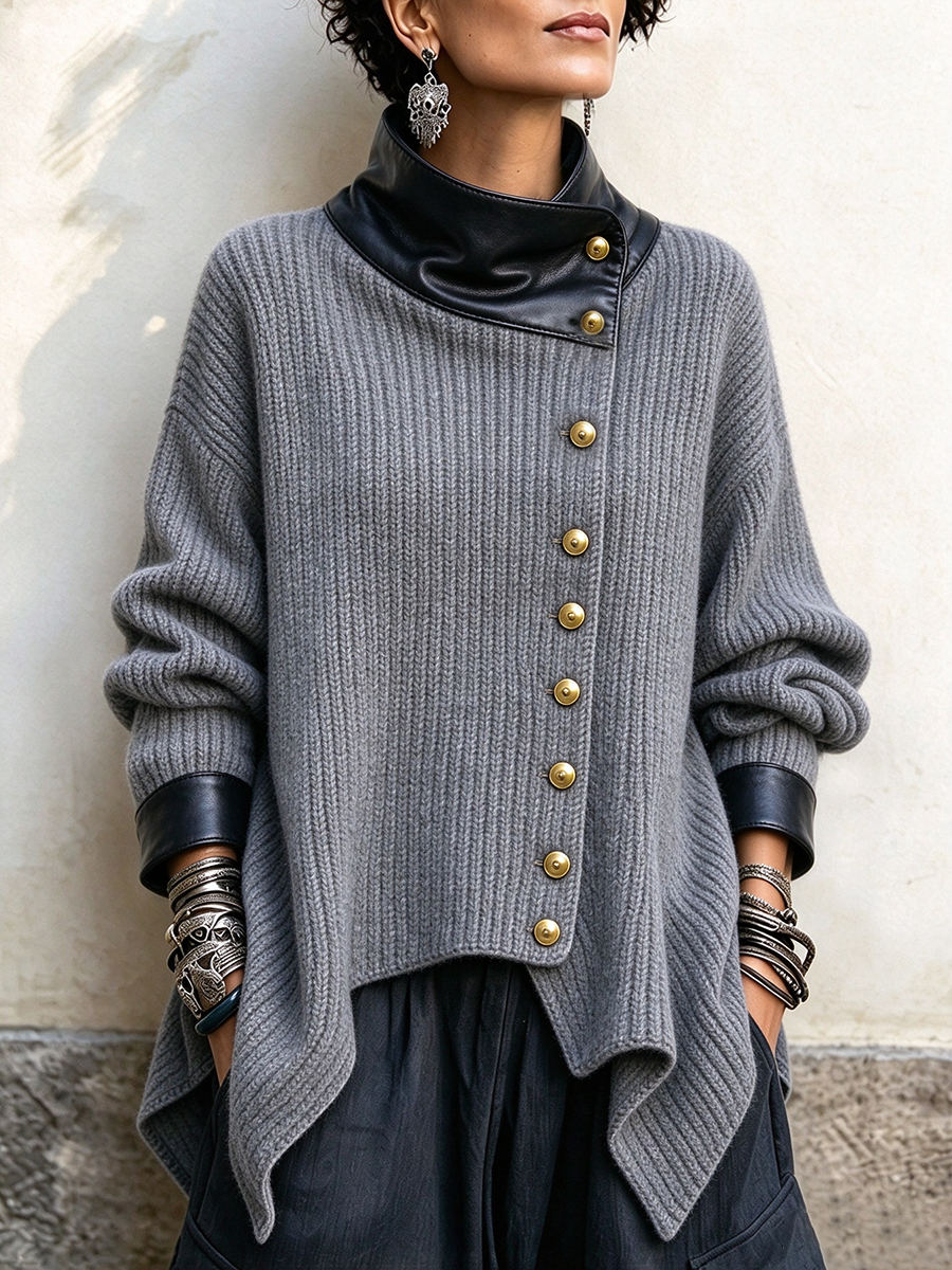 Paulette - Faux Leather Trim Knit Cardigan Jacket