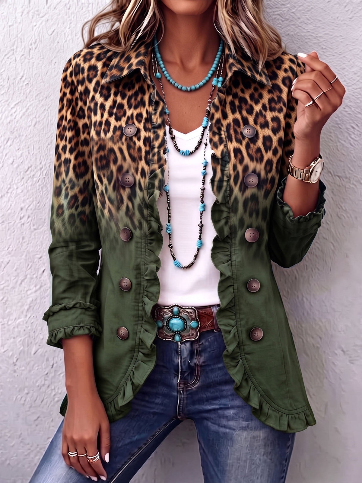 Rowena - Leopard Ombre Ruffle Blazer Jacket