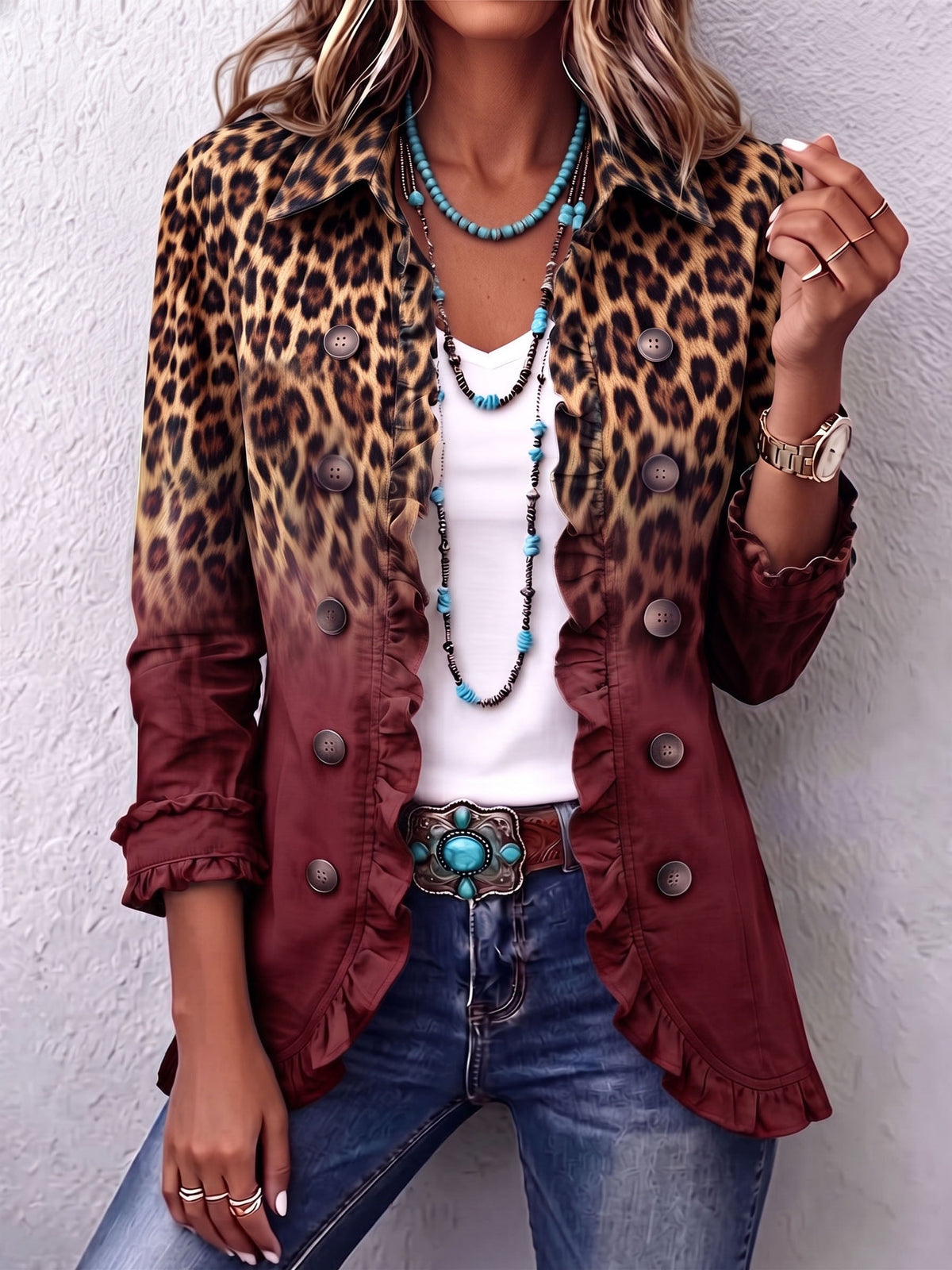 Talia - Leopard Ombre Ruffle Blazer Jacket
