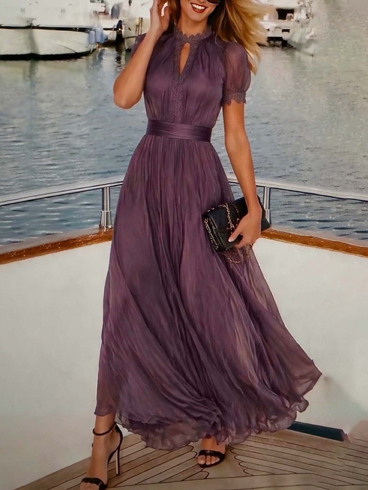 Lorelei - Keyhole Neckline Chiffon Lace Trim Maxi Dress