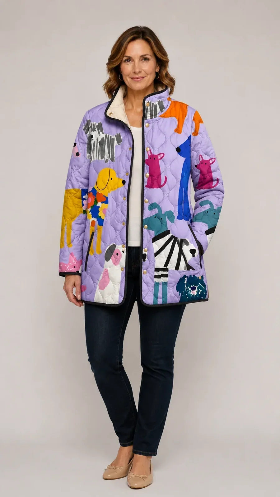 Rhea - Casual Quilted Jacket with Dog Print