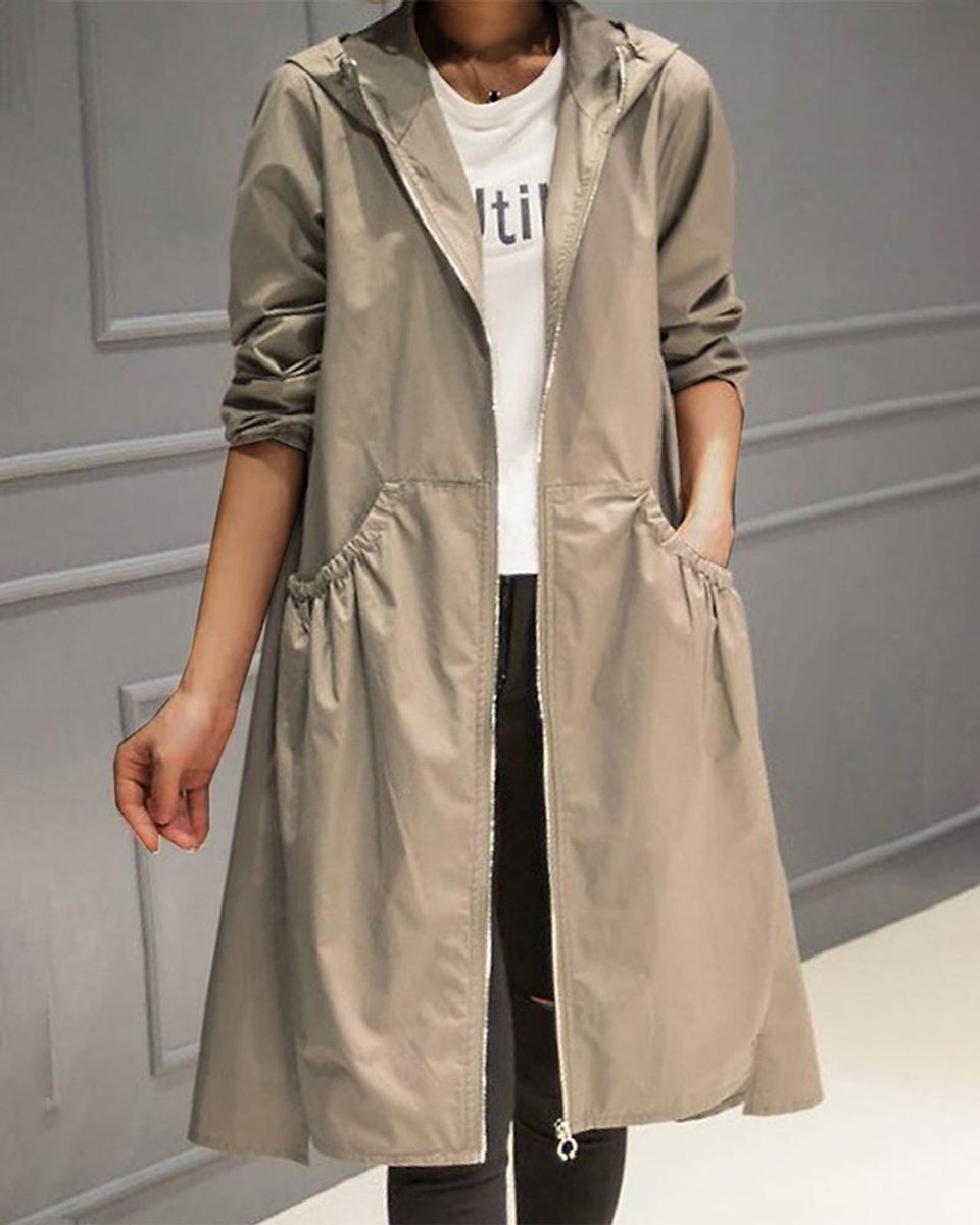 Kathleen - Hooded Zip-Up Long Trench Coat