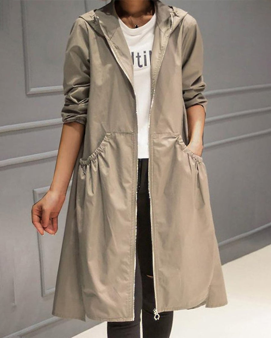 Kathleen - Hooded Zip-Up Long Trench Coat