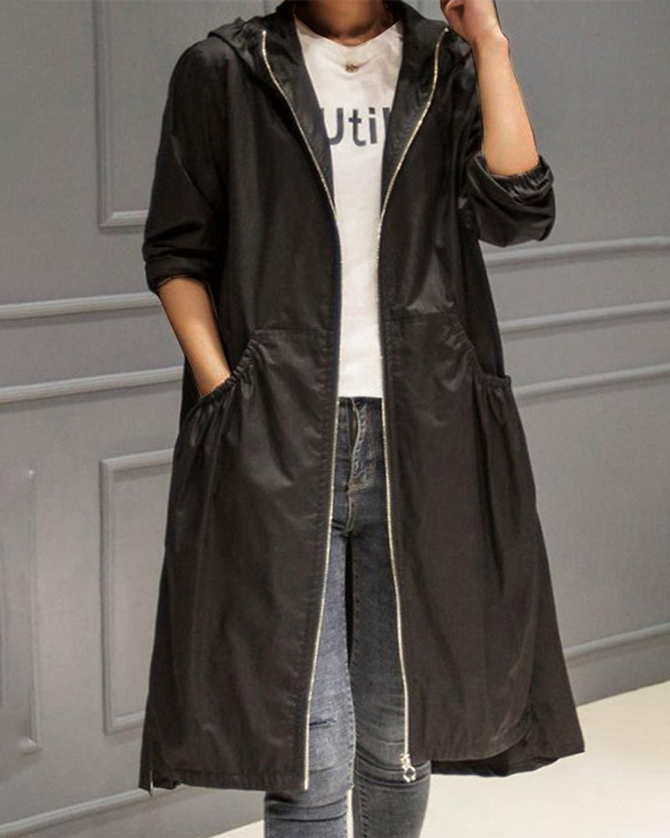 Kathleen - Hooded Zip-Up Long Trench Coat