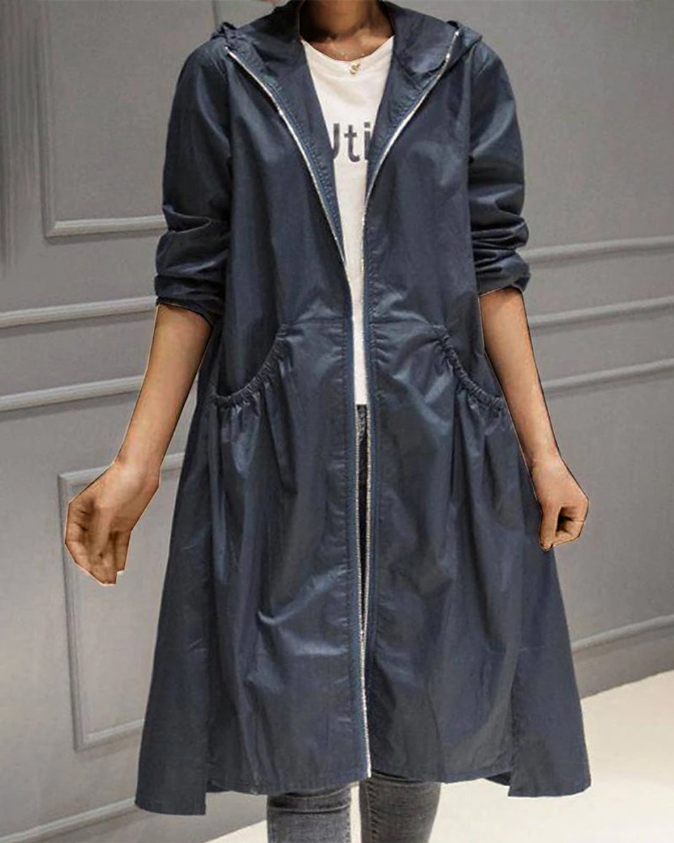 Kathleen - Hooded Zip-Up Long Trench Coat