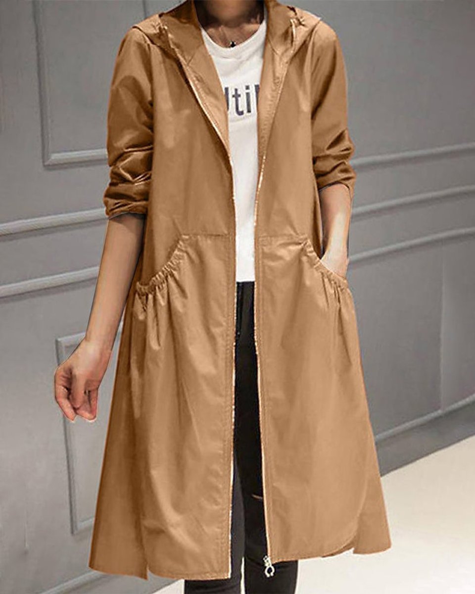 Kathleen - Hooded Zip-Up Long Trench Coat